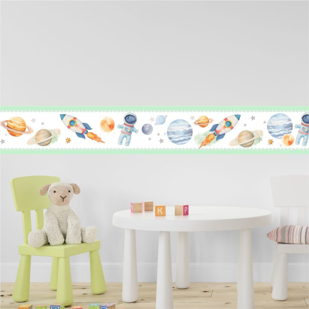 Adesivo Faixa Border Infantil Astronauta Verde Aquarela