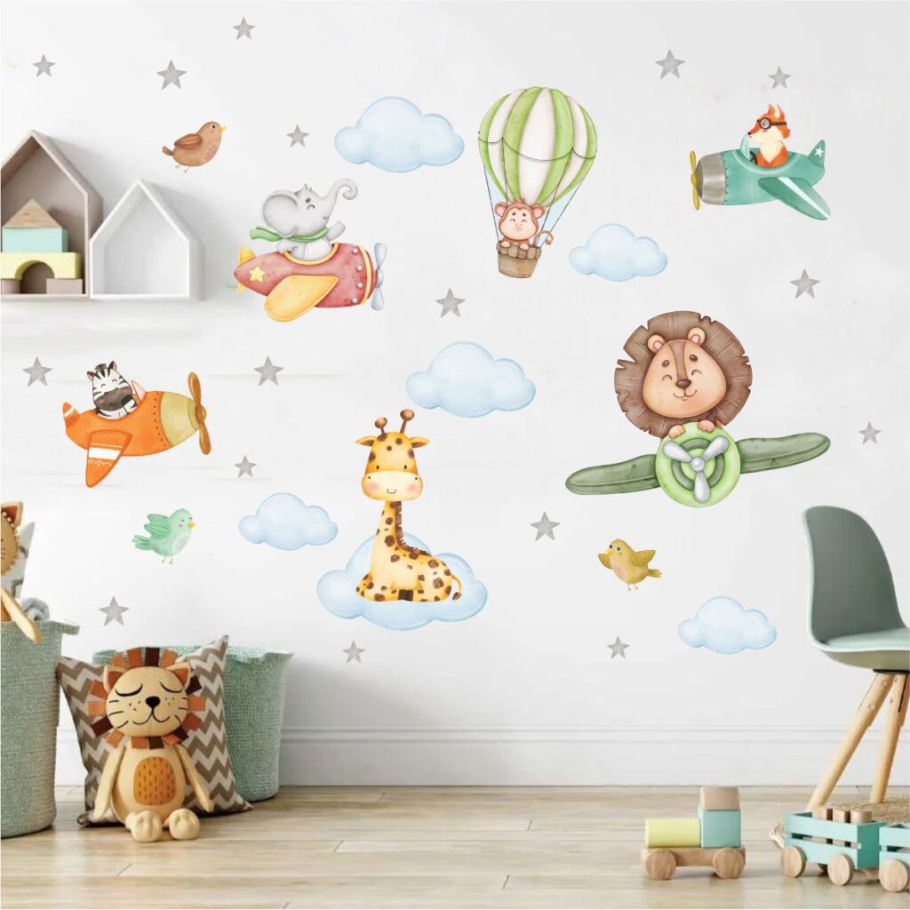 Adesivo de Parede Infantil Safari Aviador Aquarela
