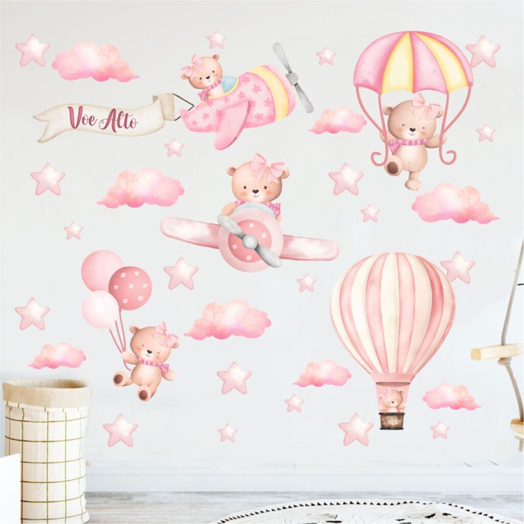 Adesivo de Parede Infantil Aviador Ursinha Rosa