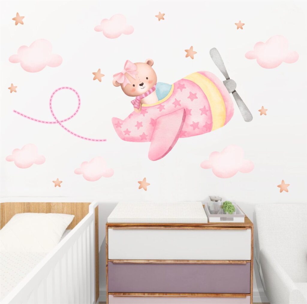 Adesivo de Parede Infantil Aviadora Ursinha Aquarela