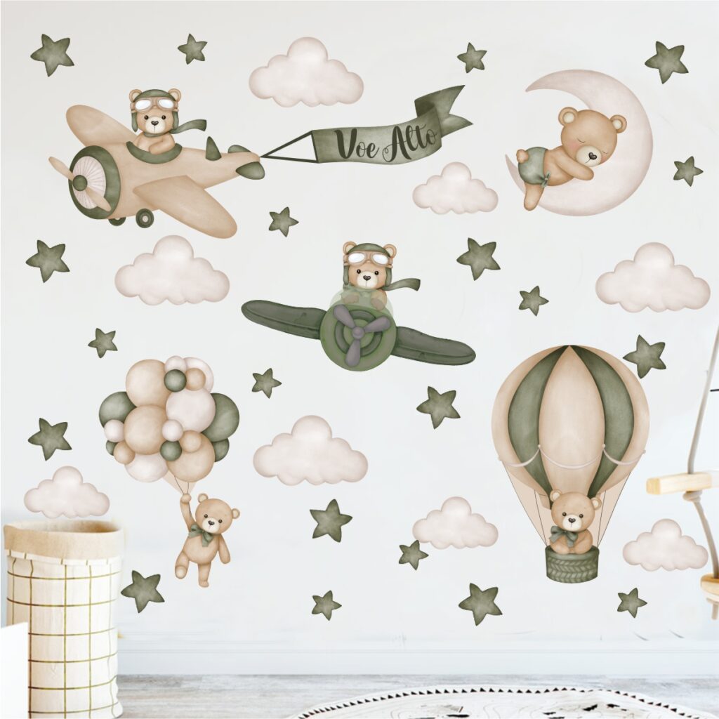 Adesivo de Parede Infantil Aviador Ursinho Verde