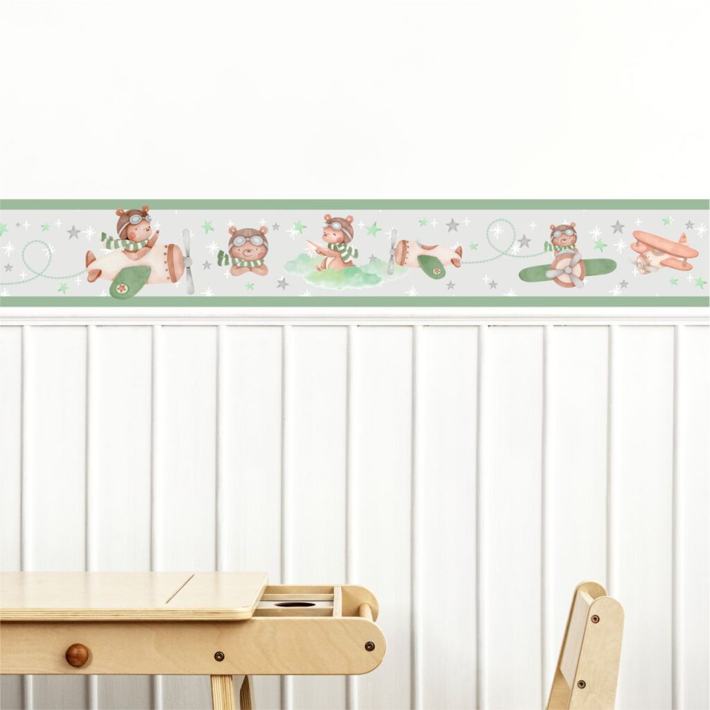 Adesivo Faixa Infantil Urso Aviador Aquarela Verde