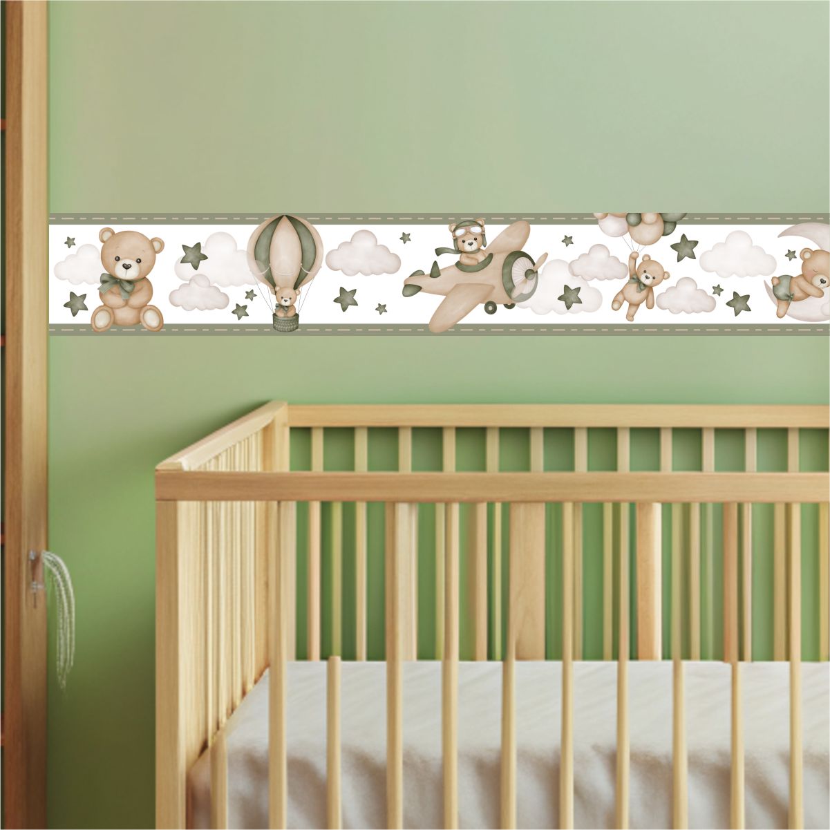 Adesivo de Parede Faixa Infantil Urso Aviador Verde