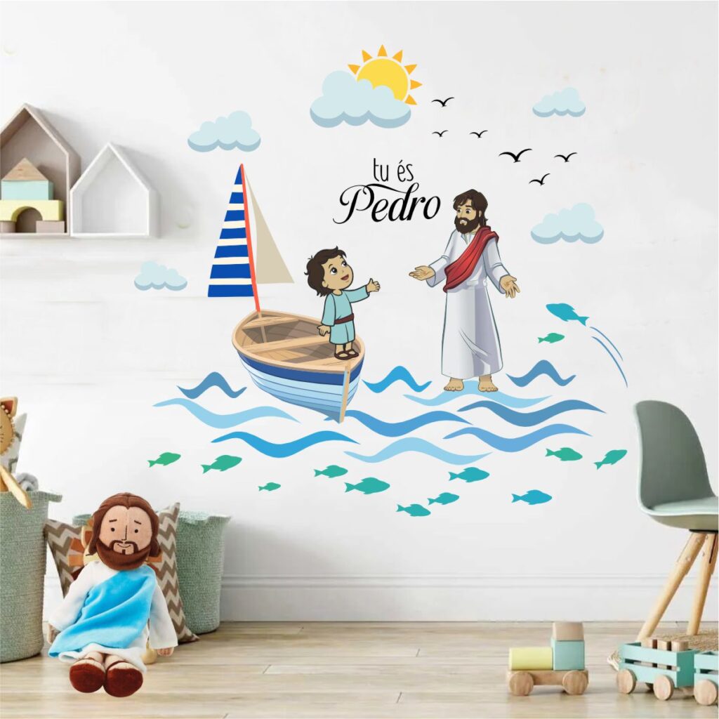 Adesivo de Parede Infantil Bíblico Pedro e Jesus