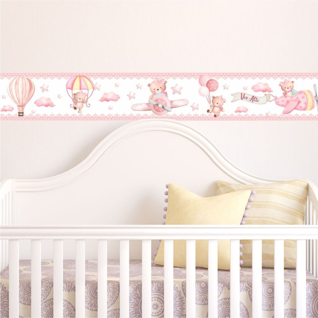 Adesivo Border Faixa Infantil Ursinha Aviadora Rosa