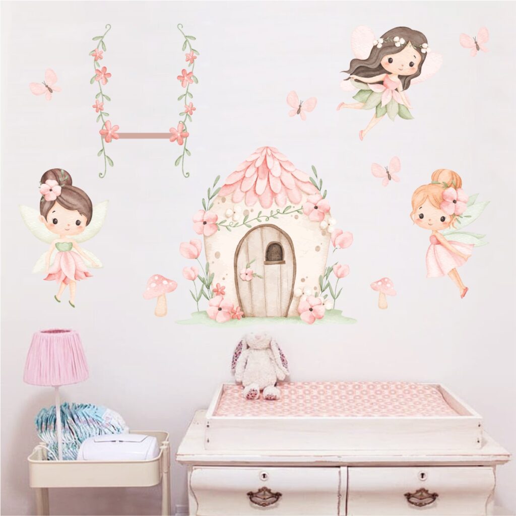 Adesivo de Parede Infantil Casa Fadas Aquarela