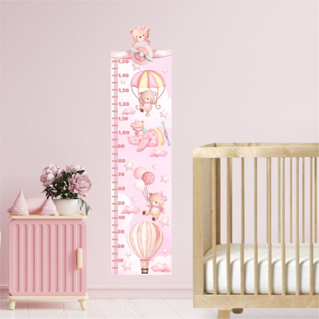 Adesivo de Parede Régua Medidora Ursinha Aviadora Rosa