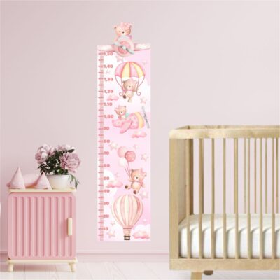 Adesivo de Parede Régua Medidora Ursinha Aviadora Rosa