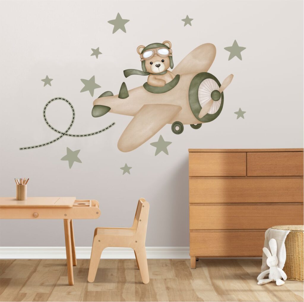 Adesivo Infantil Urso Aviador Aquarela Verde