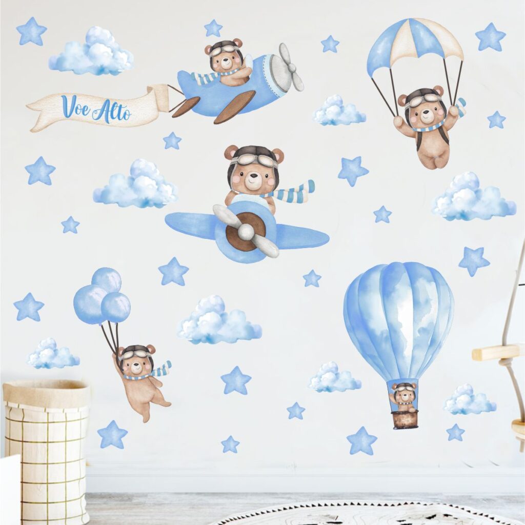 Adesivo de Parede Infantil Aviador Ursinho Azul Bebê