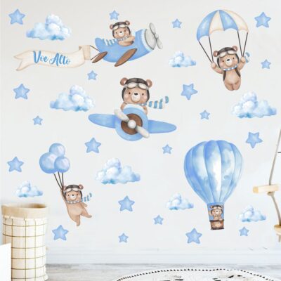 Adesivo de Parede Infantil Aviador Ursinho Azul Bebê