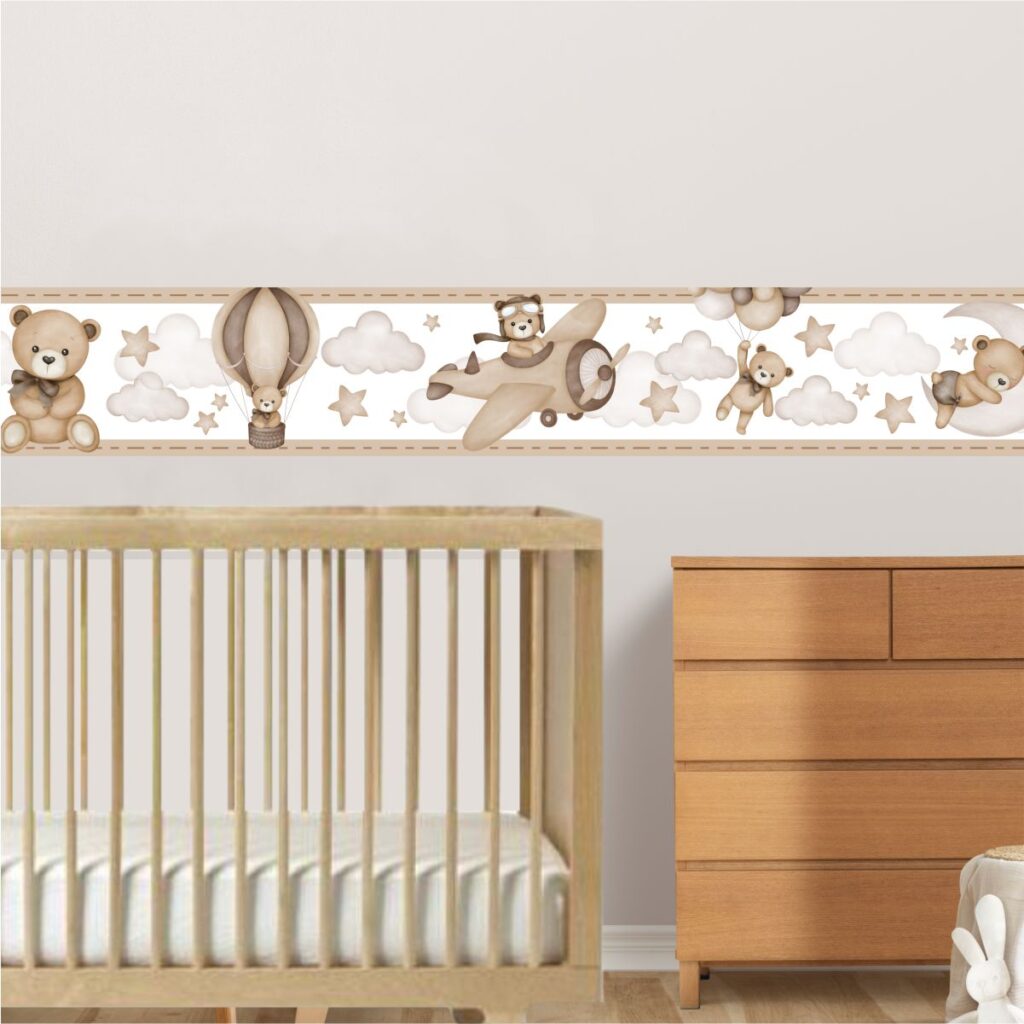 Adesivo de Parede Faixa Infantil Urso Aviador Marrom