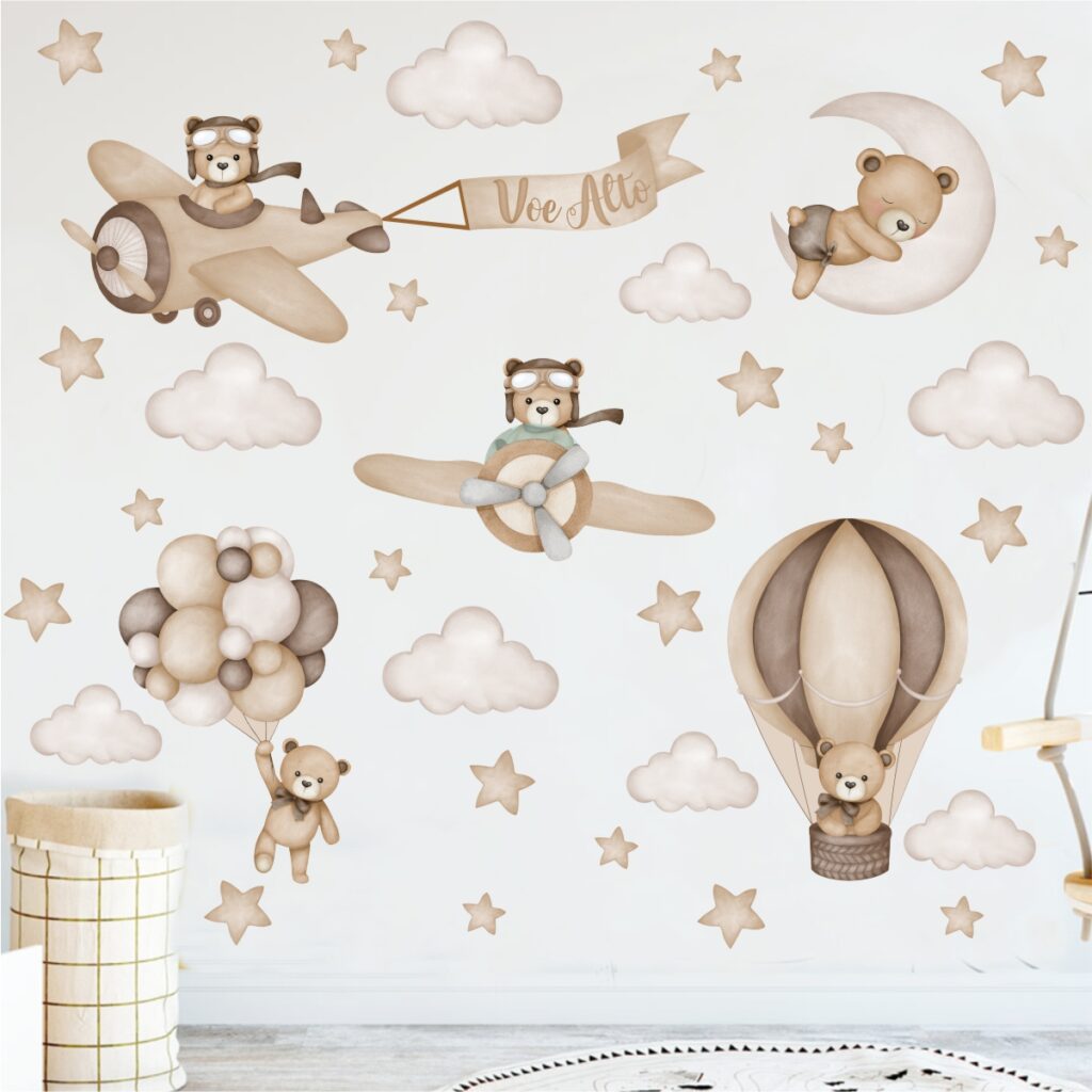Adesivo de Parede Infantil Aviador Ursinho Marrom