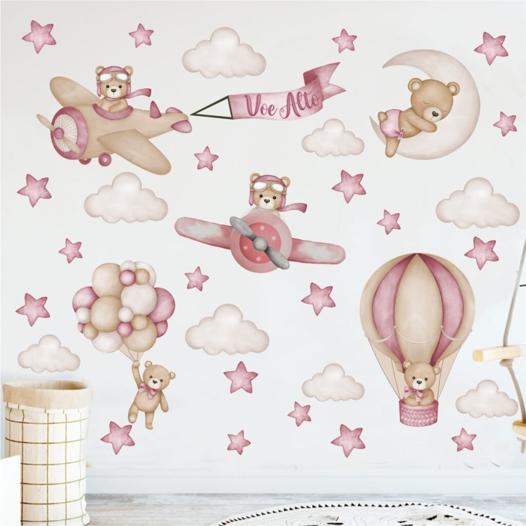 Adesivo de Parede Infantil Aviador Urso Rosa