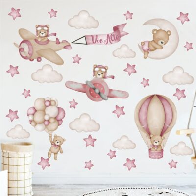 Adesivo de Parede Infantil Aviador Urso Rosa