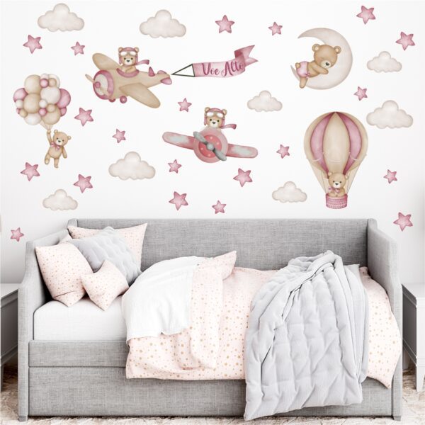 Adesivo de Parede Infantil Aviador Urso Rosa - Imagem 2