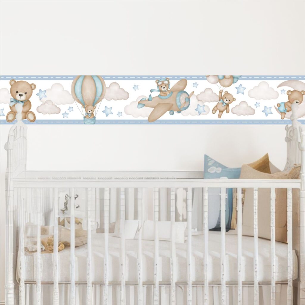 Adesivo de Parede Faixa Infantil Urso Aviador Azul
