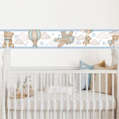 Adesivo de Parede Faixa Infantil Urso Aviador Azul
