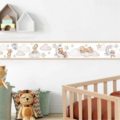 Adesivo de Parede Faixa Infantil Ursinho Marrom Nuvens