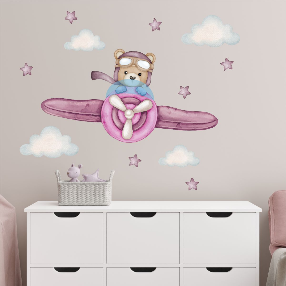 Adesivo de Parede Infantil Aviador Rosa Aquarela