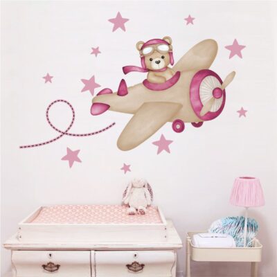 Adesivo Infantil Urso Aviador Aquarela Rosa
