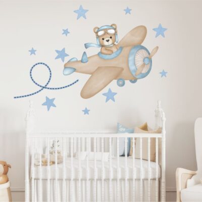 Adesivo Infantil Urso Aviador Aquarela Azul