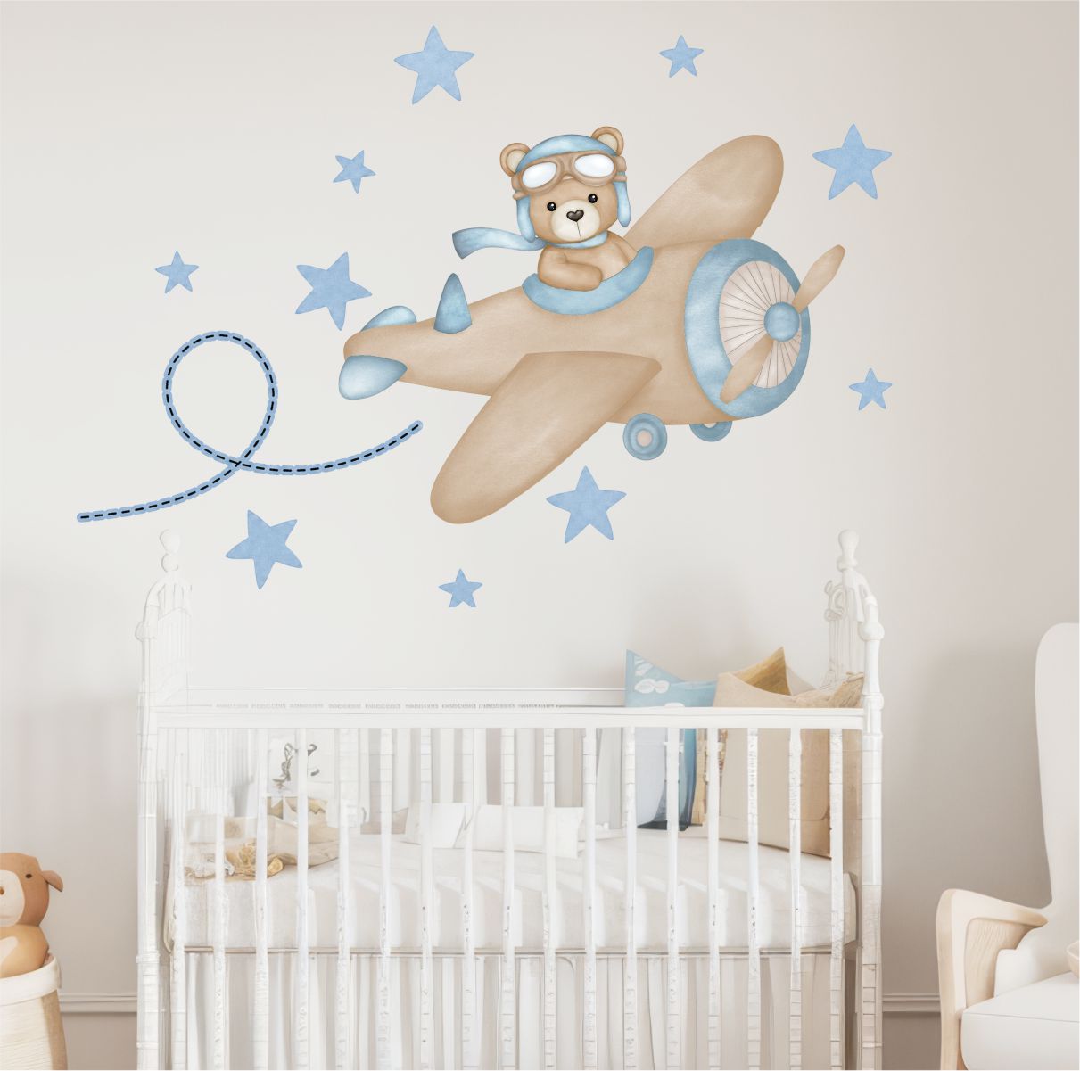 Adesivo Infantil Urso Aviador Aquarela Azul