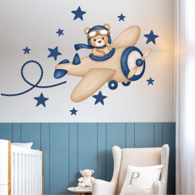 Adesivo Infantil Urso Aviador Aquarela Azul Escuro