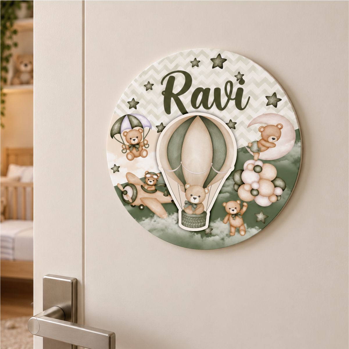 Placa Decorativa Infantil Ursinho Aviador Verde