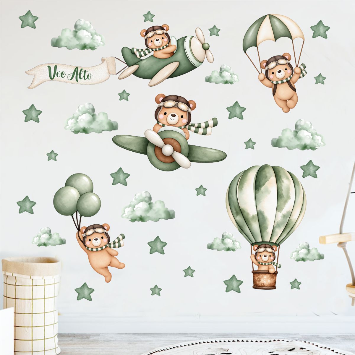 Adesivo de Parede Infantil Aviador Urso Verde